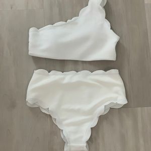 White scallop trim high-waist bikini, one shoulder